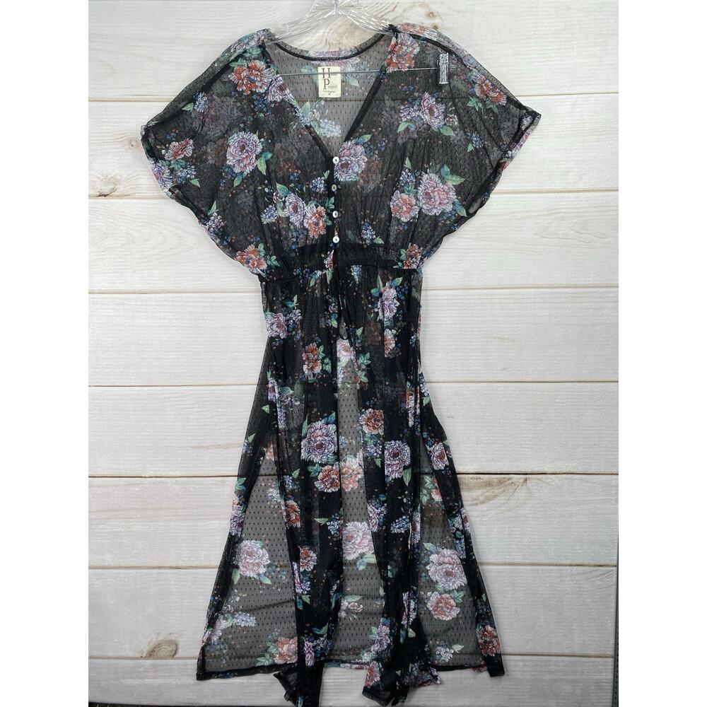 Haute Project Kimono Womens M Black Floral Sheer Mesh Boho Duster Swim Cover
